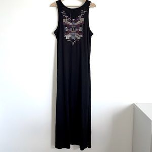 Black Embroidered Sequin Tribal Design Maxi Tank Dress Medium